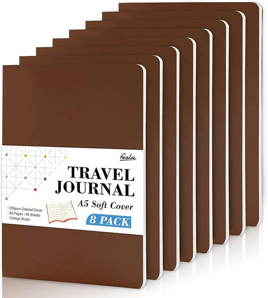 feela 8 Pack Soft Cover Journal Bulk, Notebooks College Ruled for Work, Lined Travel Journal for Women Men, Note Taking Notebook School Supplies Business Writing, 8.2” x 5.5”, A5, Brown
