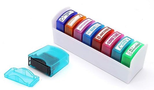 RELIANCER 8PCS Teacher Stamp Set,Colorful Self-Inking Motivational Classroom Stamper for Grading,Encouraging Rating Stamp Student,Parent Signature Stamps for Homework,School Homeschool Reward Supplies
