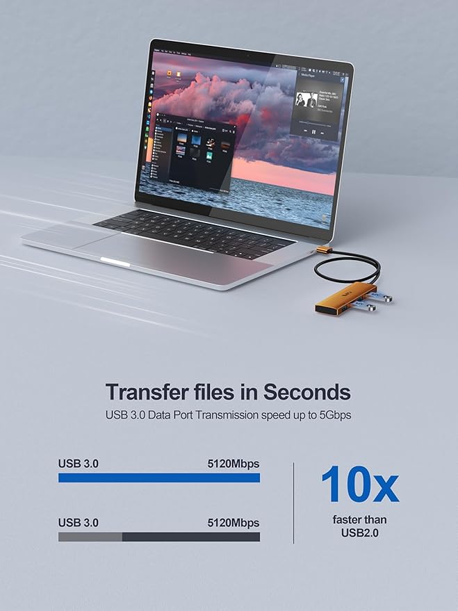 USB 3.0 Hub,4 Port USB Splitter Extender Portable Adapter Multiport Data Hub for Laptop,Xbox, Flash Drive,HDD,Console,Camera,Keyborad,Mouse Windows,Mac OS PC,Not Designed to Charge Devices-Orange