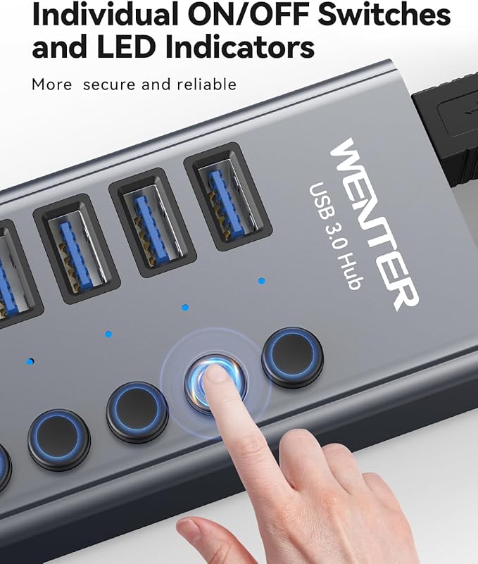 Powered USB 3.0 Hub, Wenter 13 Ports Powered USB Hub with SD/TF Card Reader, Aluminum USB Splitter with Individual On/Off Switches, 12V/3A 36W Power Adapter for PC/Laptops