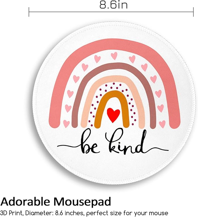 Rainbow Be Kind Round Mouse Pad, Small Mouse Pad with Non-Slip Rubber Base, Stitched Edge Mousepad for Desk Wireless Mouse, Gaming Mouse Mat for Computer Laptop Office Home Women, 8.6 x 8.6 Inch