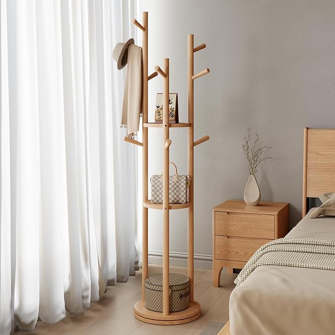 Solid Wood Rotary Coat Rack, Freestanding Coat Rack with 3 Shelves and 9 Hooks, Coat tree for Bedroom, Entryway, Livingroom, Coat Hanger Stand for Coats, Scarves, Handbags (Natural)