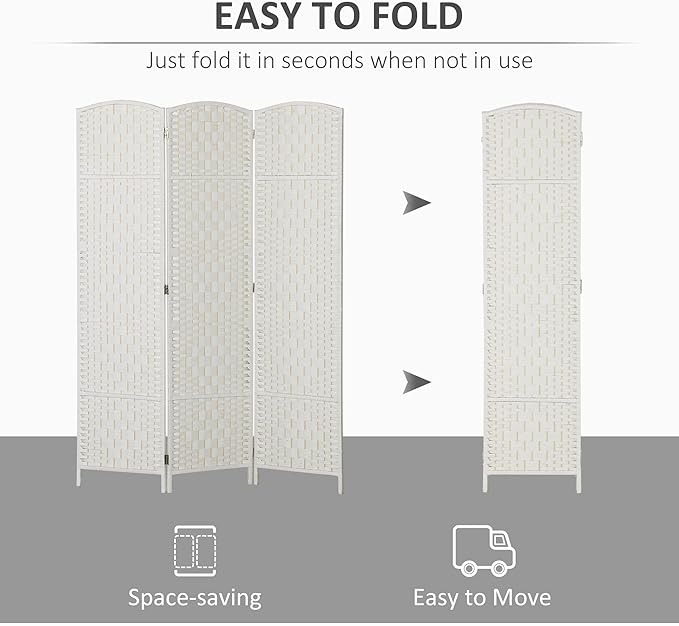 HOMCOM Room Divider, 3 Panel Folding Privacy Screen, 6FT Tall Portable Wicker Weave Partition Wall Divider for Bedroom, Home Office, White