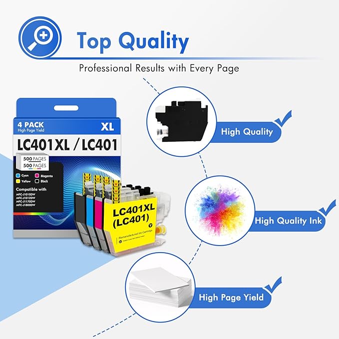 LC401 LC401XL MFC-J1010DW Ink Cartridges for Brother Printer LC 401 401XL for MFC-J1010DW MFC-J1170DW MFC-J1012DW MFC-J1800DW MFC J1010DW - 4 Pack High Yields Black Cyan Magenta Yellow