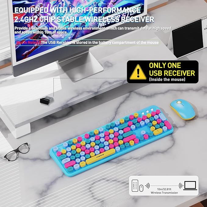 Wireless Keyboard and Mouse Combo, 2.4 GHz Wireless Full-Sized Typewriter Gaming Keyboard with Round Keycaps for Windows, Computer, Desktop, PC, Laptop (Blue)