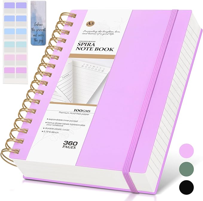Spiral Notebook Journal ,360 Pages College Ruled Notebooks,Lined Thick Journals for Women Men, A5 Thick Spiral Journal for Writing,100GSM Paper, Spiral Notebooks for Work School 5.5"x8.5" Purple