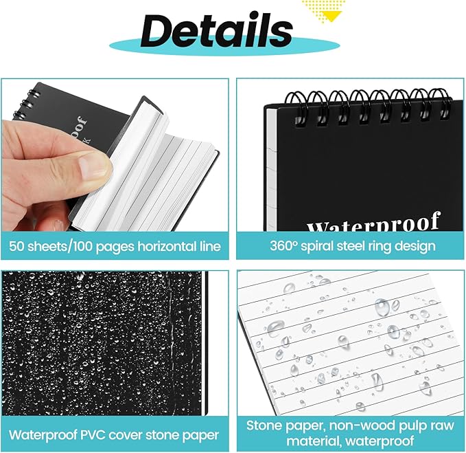 6 Pack Waterproof Pocket Notebooks, 3x5 Small Notepads, Mini Top Spiral Notebook, Lined College Ruled Paper, Tiny Memo Pads for Home, Office, Work, School, or Travel