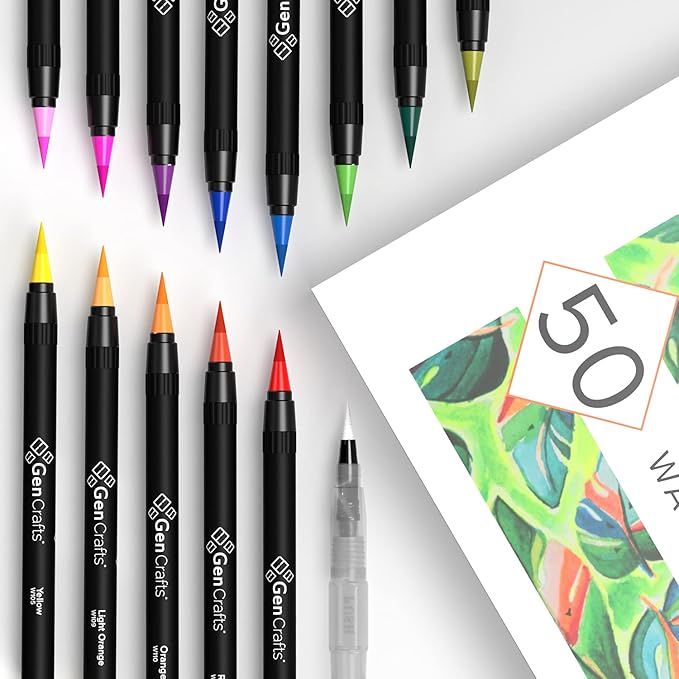 GenCrafts Watercolor Brush Pens Set of 50 Premium Colors - Real Brush Tips - No Mess Storage Case - Washable Nontoxic Markers - Portable Painting