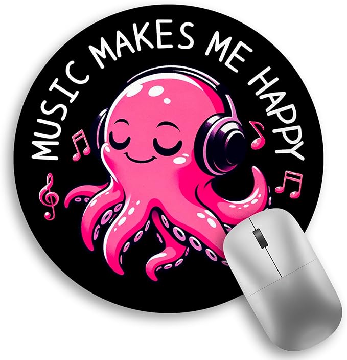 Music Octopus Mouse Pad, Small Round Black Mouse Pads for Desk, Mini Travel Mousepad for Work Wireless Computer Laptop, Office Desk Accessories, Music Makes Me Happy, 8.6 x 8.6 inch