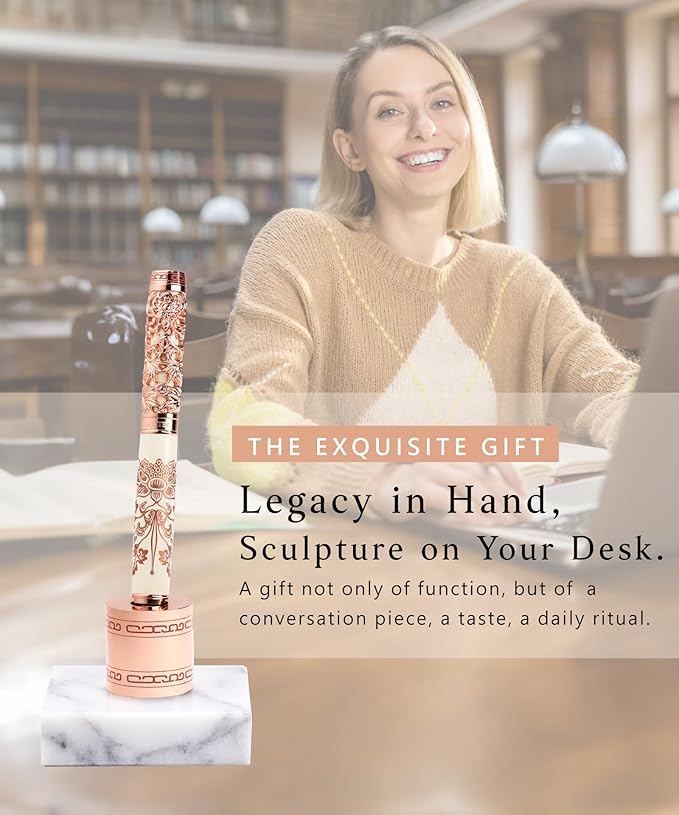 Luxury Fountain Pen Set With Stand - Museum Art Collections - Crafting Timeless Beauty - the Best Gift & Office Desk Decor, German SCHMIDT Fine Nib, Solid Metal & Marble Texture