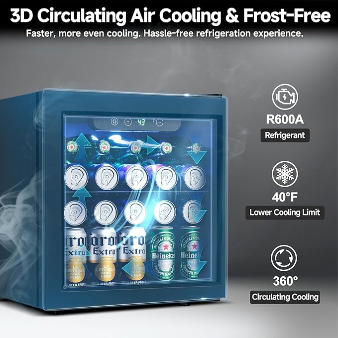 50 Cans Beverage Refrigerator Cooler, 1.3 Cu.Ft Mini Fridge with Glass Door for Soda Beer Drink Wine, Countertop Small Fridge for Bedroom Dorm Office Home Bar, Black