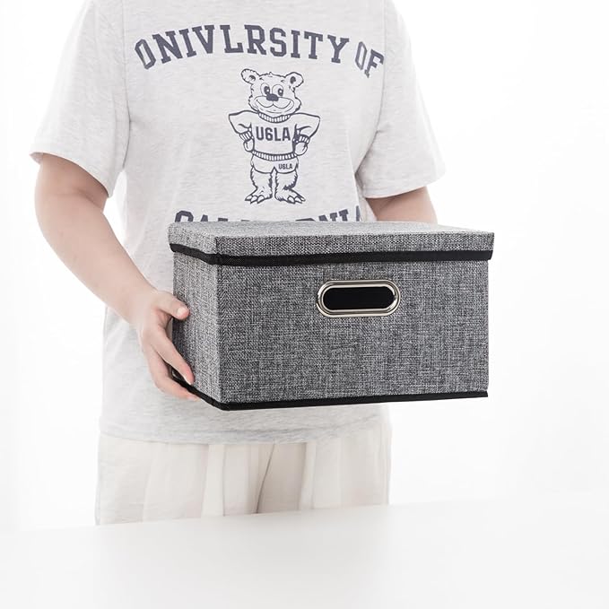 PRANDOM Storage Bins with Lids [3-Pack] Linen Fabric Foldable Storage Boxes Organizer Containers Baskets Cube with Cover for Home Bedroom Closet Office Nursery Grey（11.4X8.6X6.7