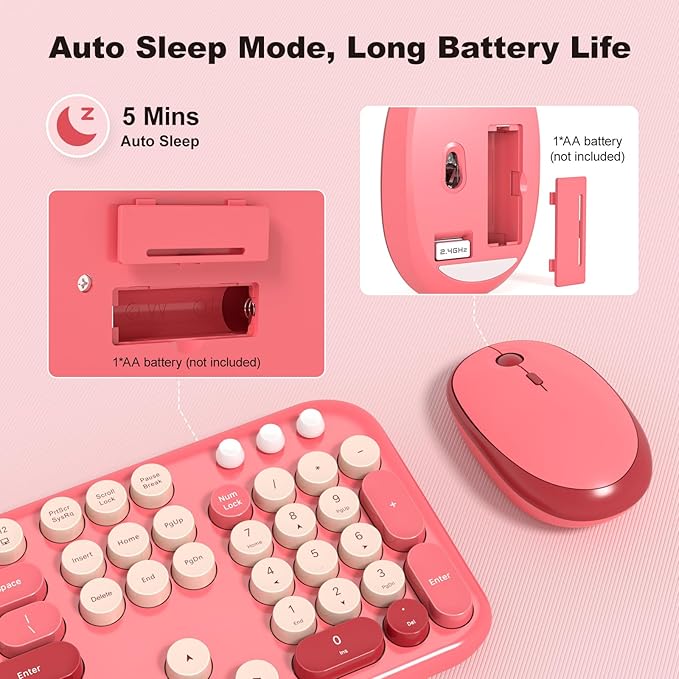 MOFII Wireless Keyboard and Mouse Combo, Cute Keyboard Full Size and Wireless Mouse, 2.4GHz Retro Typewriter Keyboard Wireless Mouse Set for PC/Desktop/Laptop/Windows (Hot Pink)