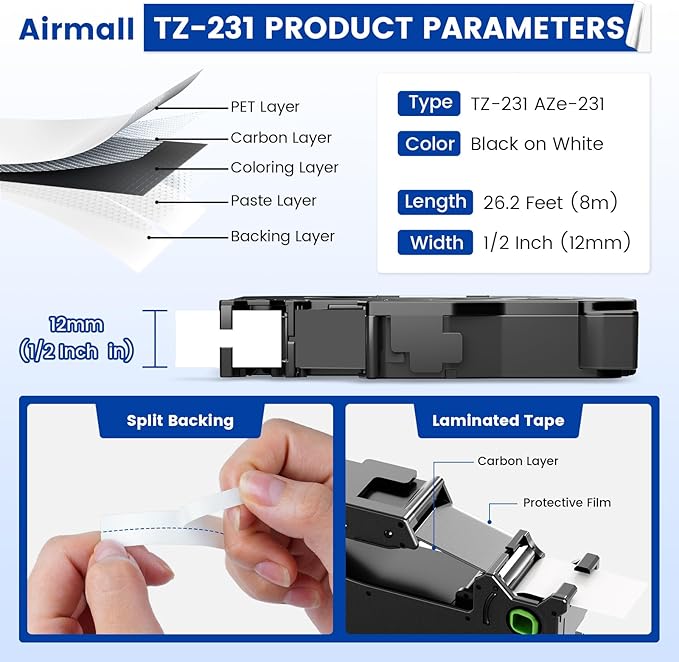Airmall Tze 12mm 0.47 Laminated White Label Maker Tape Refill Compatible with Brother Ptouch Tape 12mm 0.47 White TZe-231 TZe231 for PT-D220 1180 1280 1290 1750 1830, 8 Pack