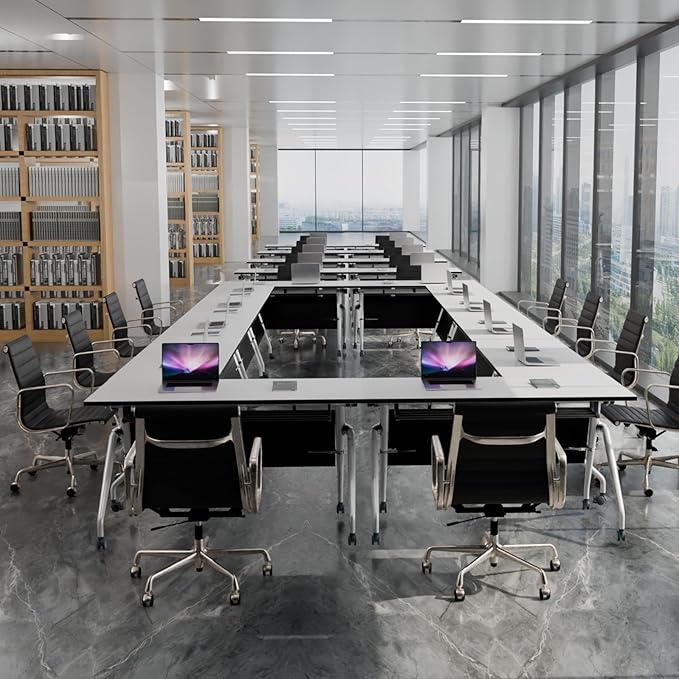 Conference Table, Folding Conference Room Tables, Mobile Training Tables with Silent Wheels, Large Rectangular Modular Seminar Table Office Computer Desks for Classroom White (8Pack L70.9in)