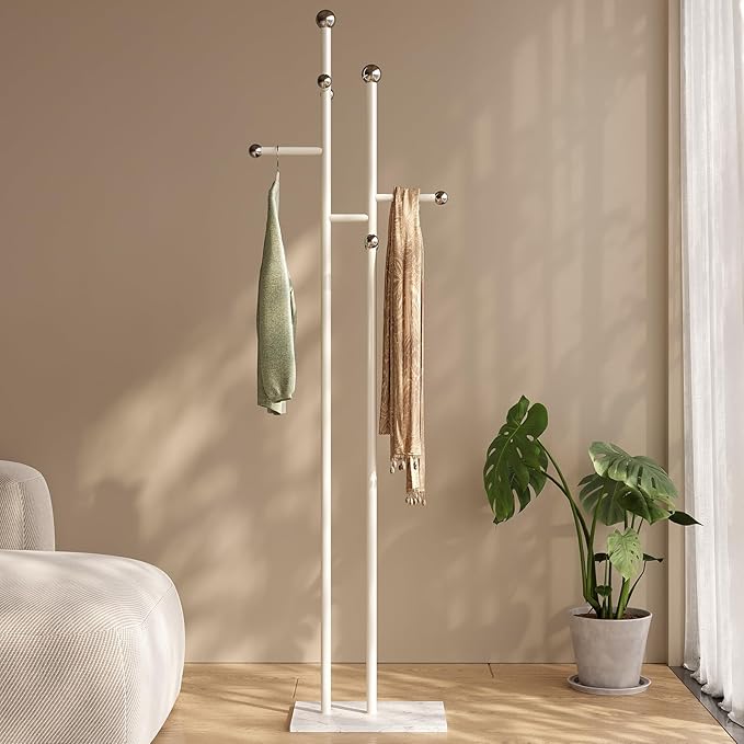 Free Standing Coat Rack with Marble Base & 8 Steel Hooks Clothes Rack for Entryway Bedroom Living Room Hotel 14.96 x 10.24 x 68.9 Inches (White)