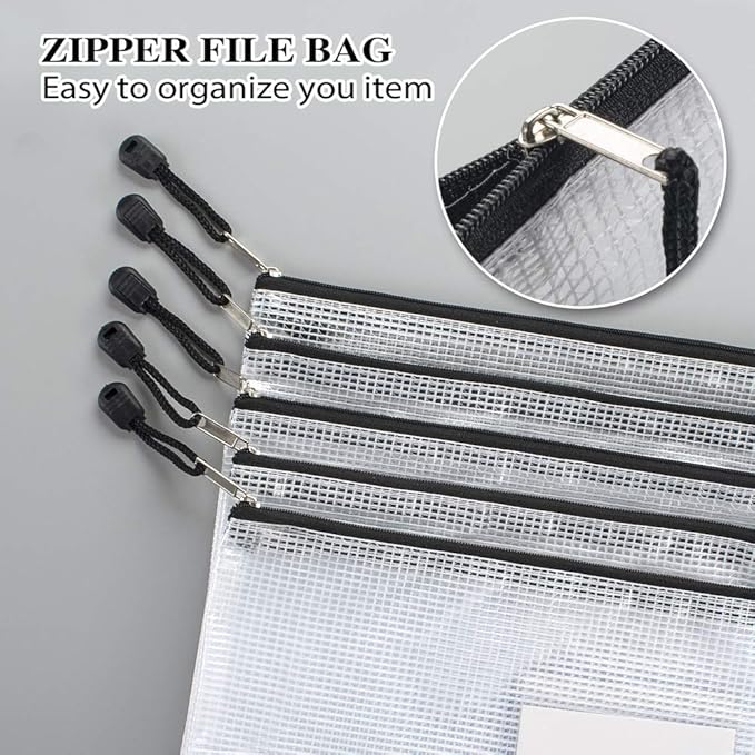 Sooez 20 Pack Mesh Zipper Pouch with Label Pocket, Plastic Zip File Folders, Letter Size A4 Zipper Document Bag for Teacher School Office Supplies, Classroom Organization, Board Game Storage，Black