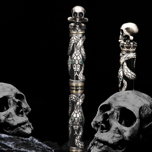 Jinhao Black Snake Fountain Pen Medium Nib Retro Style with Skull Head Solid Metal and Paper Pen Case Set