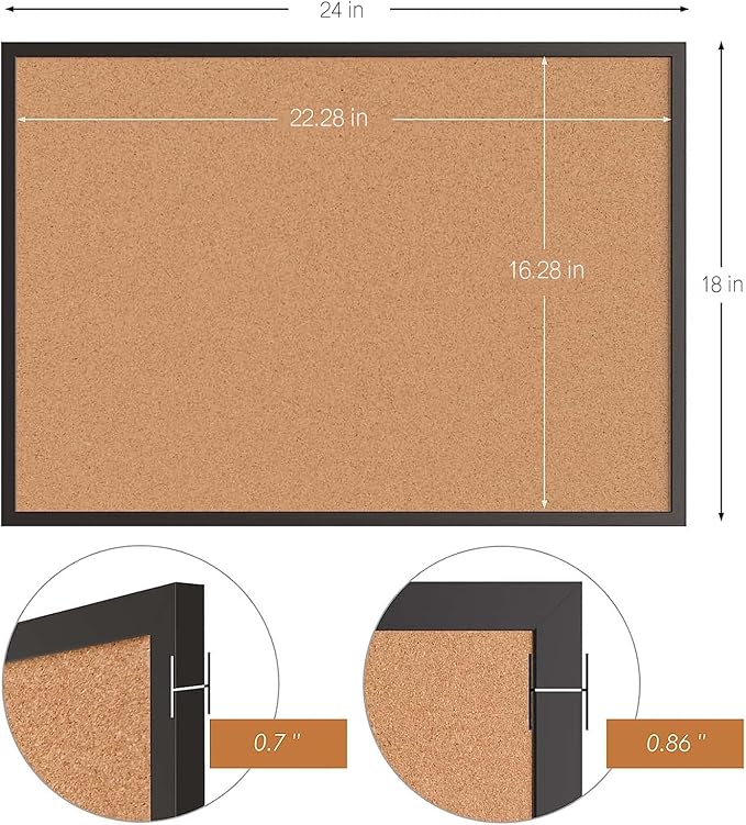 Board2by Cork Board Bulletin Board 24“ x 18”, Black Wood Framed Corkboard, Office Board for Wall Cork, Large Wall Mounted Notice Pin Board with 16 Push Pins for School, Home & Office
