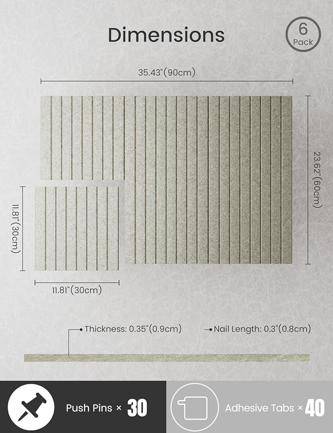 Bumusty Large Cork Board Alternative-36 x24 Felt Bulletin Board Tiles, with 30 Pushpins, 40 Adhesive Tabs, 6-Pack Slat Wall Paneling, Cork Boards for Office Push Pin Board Felt Board-Sage