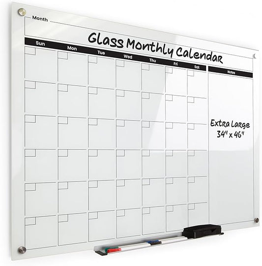 Real Glass Dry Erase Monthly Calendar, Giant Size 34" x 46", White Tempered Glass Surface, Frameless Wall Mount, with 4 Assorted Color Markers and Eraser, by Better Office Products (Bright White)