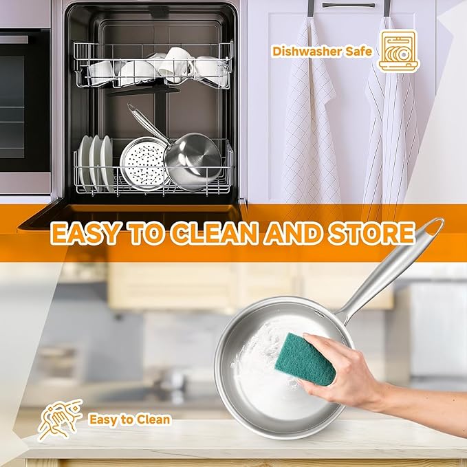 2.5 Quart Stainless Steel Saucepan with Steamer Basket, 18/10 Tri-ply Full Body, Multipurpose Sauce Pot with glass Lid, Perfect For Boiling Gravies, Pasta, Noodles