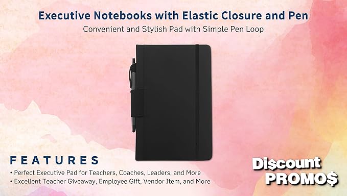 DISCOUNT PROMOS 10 Executive Notebooks with Pen Pack - 6 x 8.5 inches, Recycled, Pen Loop, Closure Strap - Black