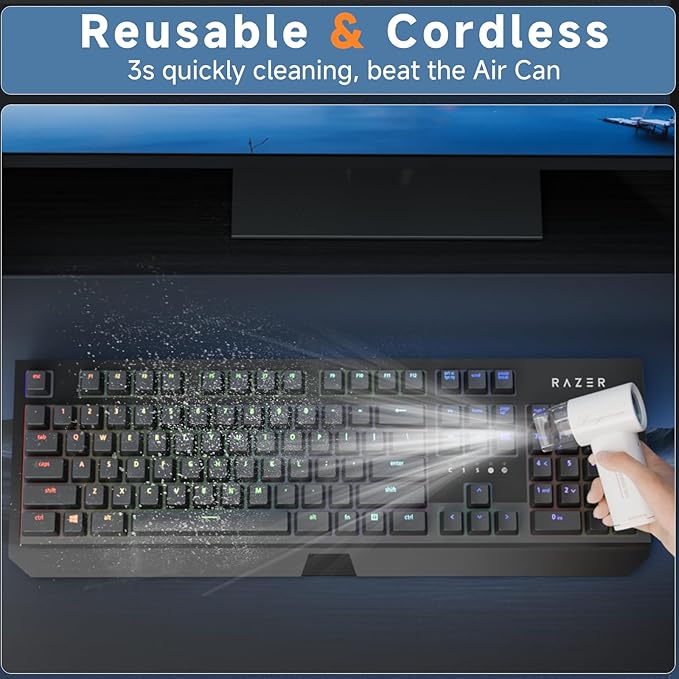 Mini Compressed Air Duster, 5 Gear Adjustable 80000RPM [Small But Powerful] Cordless Electric Air Blower, Fast Charging & Reusable Dust Cleaner for Computer, Keyboard, House & Car (White)