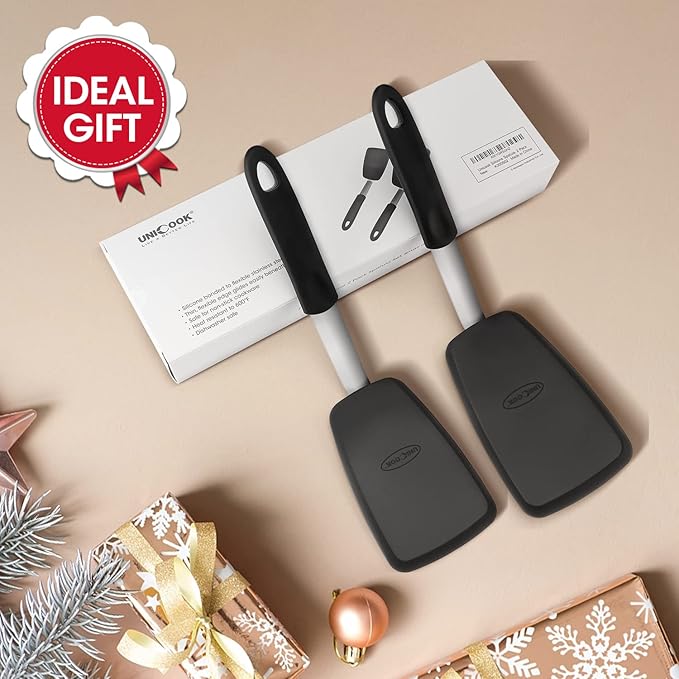 Unicook 2 Pack Flexible Silicone Spatula, Turner, 600F Heat Resistant, Ideal for Flipping Eggs, Burgers, Crepes and More, Black