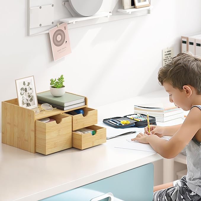 Desk Organizer with Drawers - Bamboo Desktop Organizer Storage | Wood Desk Drawers Organizer for Bills, Office Supplies, Cosmetics, Seals No Assembly Required (3 Drawer with Big Drawer)