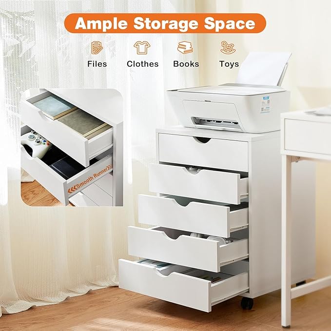 5 Drawer Chest, Dressers Storage Cabinets Wooden Dresser Mobile Cabinet with Wheels Room Organizer, Small Drawers Wood Organization Furniture for Office, Home