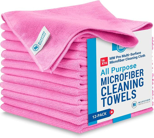 MW Pro Microfiber Cleaning Cloth | Pink | 12 Pack | 16” x 16” | All Purpose Microfiber Towels - Clean, Dust, Polish, Scrub, Absorbent