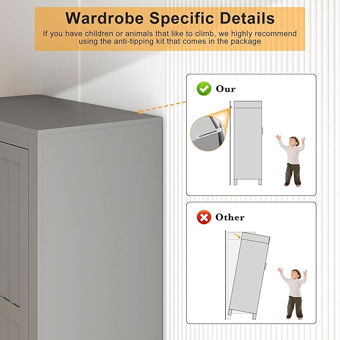 2 Door Wardrobe Closet, Wood Armoire with 2 Shelves and Hanging Rod, Freestanding Tall Storage Cabinet, Bedroom and Guest Room Armoire Cabinet for Clothes Storage, Gray