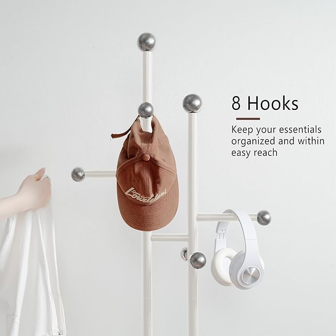 Free Standing Coat Rack with Marble Base & 8 Steel Hooks Clothes Rack for Entryway Bedroom Living Room Hotel 14.96 x 10.24 x 68.9 Inches (White)