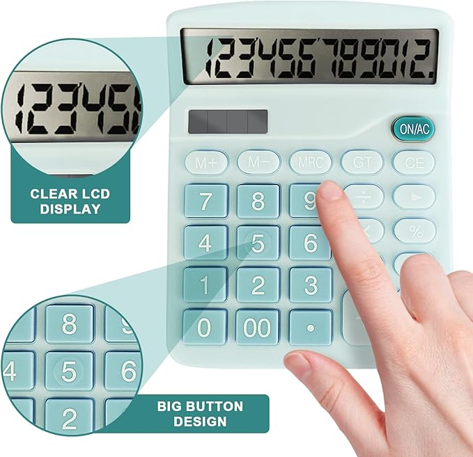 Basic Calculator with Comfortable Large LCD Display, 12 Digits Calculators Desktop, Tilt Screen, Big Button, Desk Calculator with Dual Power (Solar & Battery Included) (Blue)