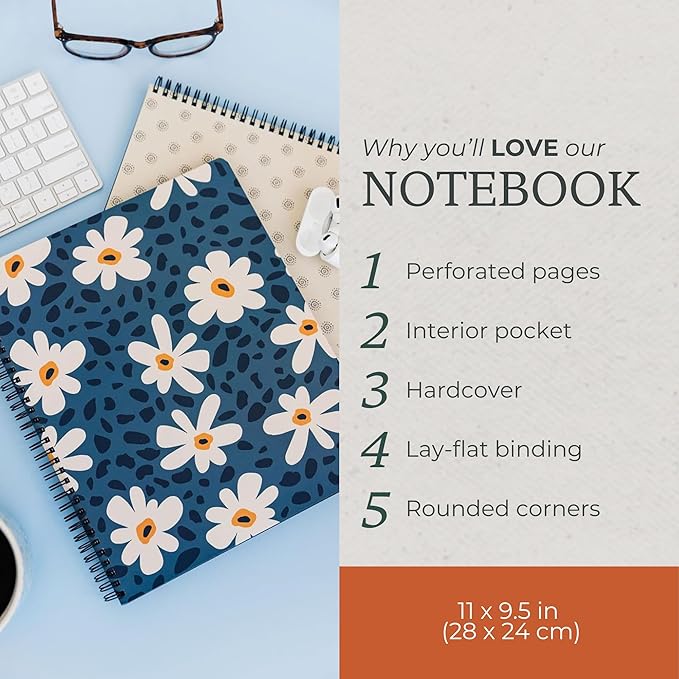 Steel Mill & Co Cute Large Spiral Notebook College Ruled, 11" x 9.5" with Durable Hardcover and 160 Lined Pages (Leopard Daisy)