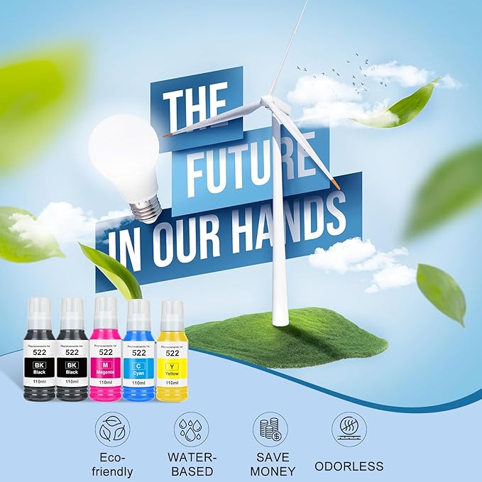 522 High Capacity Ink Refill Bottles Combo Pack Remanufactured for Epson 522 EcoTank Ink Works with EcoTank ET-2400, ET-2720, ET-2800, ET-2803, ET-2840 (5 Pack,550ML, Not Sublimation Ink)