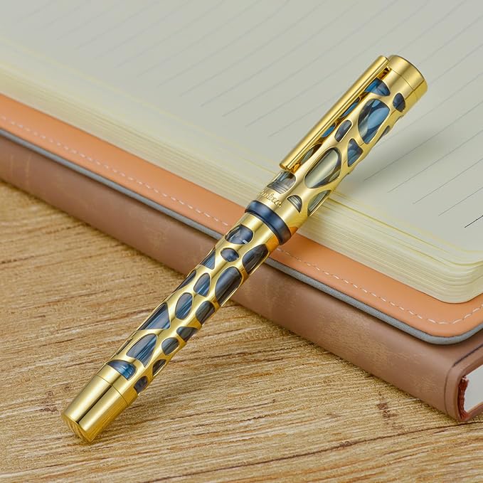Asvine V169 Vacuum Filling Fountain Pen Extra Fine Nib, Water Drop Skeleton Gold Trim Transparent Gray Blue Acrylic Pen Case Set