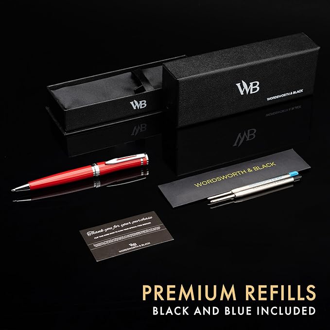 Wordsworth and Black Ballpoint Pen Red Lacquer- Stunning Luxury Pen Chrome Finish, Ink Refill, Best Gift Set for Men & Women, Refillable, Elegant, Nice Pens, Fine Point