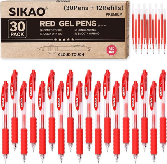 Red Gel Pens Bulk 30 Pack Red Pens Fine Point Smooth Writing No Smudge, CLOUD TOUCH Grip 0.7mm Gel Ink, Retractable Rollerball Pens for Server Office School, Lapiceros (RED)