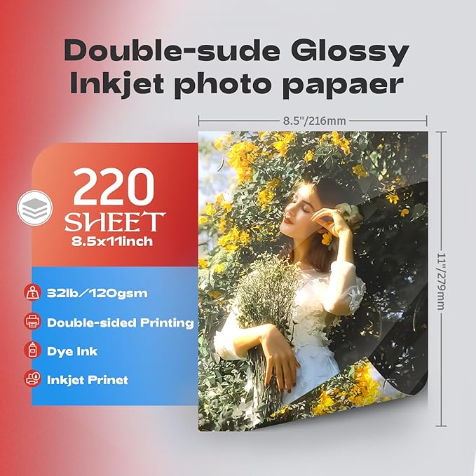 220 Pack Double Sided Photo Paper Glossy Inkjet 8.5x11 32lb 120gsm A4 Letter Size for All Dye Ink Printers