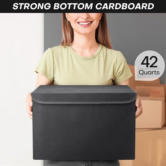 Large 17" 42 Quarts Collapsible Stackable Storage Bins with Lids [3-Pack] Foldable Fabric Linen Storage Boxes Cube, Closet Organizer Baskets with Label (16.7 x 12 x 12", Black)