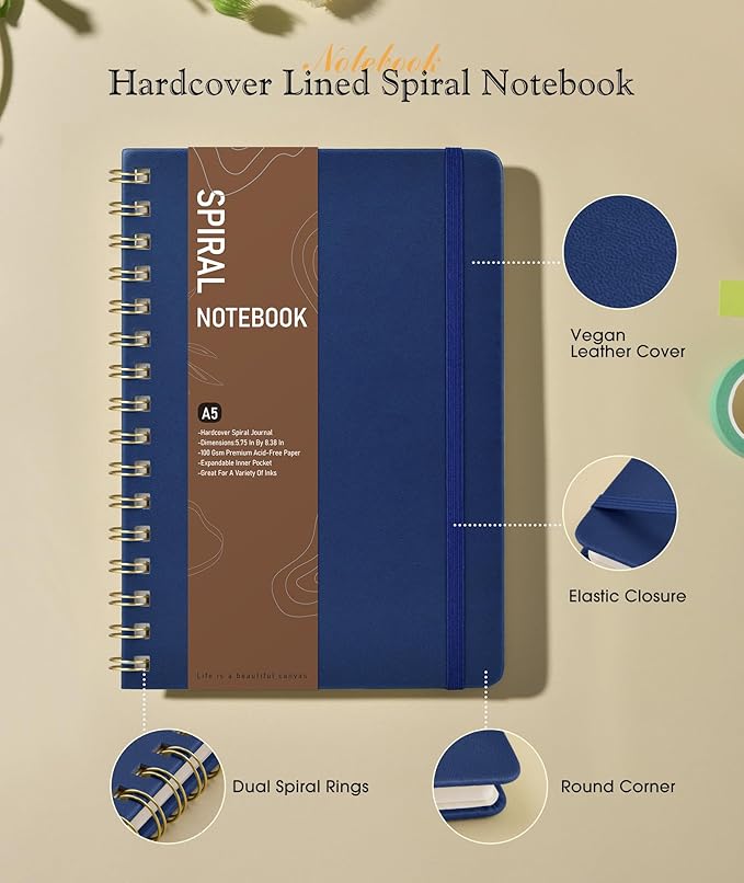 Dotted Spiral Journal Notebook, A5 Hardcover Spiral Journals for Women Men, 100 GSM Dot Grid Paper Notebooks, 150 Pages Spiral Bullet Dotted Notebook for Writing Note Taking 5.75" x 8.38", Navy Blue