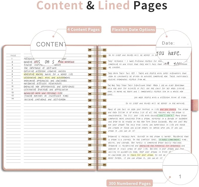 EMSHOI B5 Leather Hardcover Spiral Notebook - 300 Numbered Pages, 100 GSM Thick Paper, College Ruled Journal for Work, Writing & Note-Taking, 7.48" x 10.15", Rose Gold for Men & Women