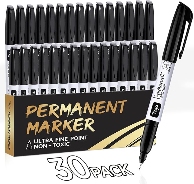 Permanent Markers Ultra Fine Tip, 30 Pack Black Quick-Drying and Fade-Resistant Permanent Markers Bulk Set for Writing and Drawing on Wood, Plastic, Metal, Glass, Ideal for Office School Supplies