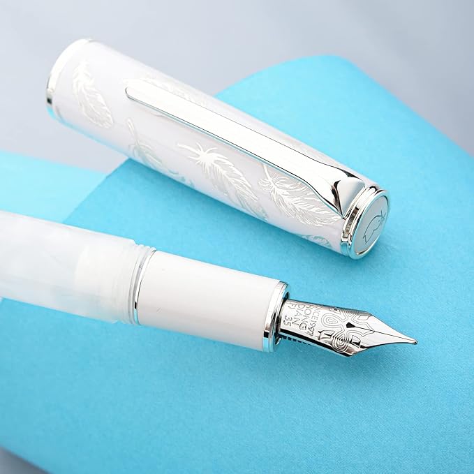 Hongdian N8 White Acrylic Resin Fountain Pen, Iridium Medium Nib Silver Plated Feather Carving Cap Smooth Writing Pen with Converter and Metal Pen Box Set
