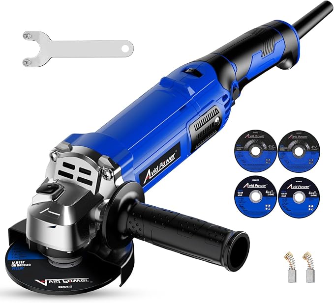 AVID POWER Angle Grinder 4-1/2 Inch 8.0 Amp 1000W Electric Grinder Tool 7-Variable-Speed Metal Grinder, 11,500 RPM, Paddle Switch with Lock-on Button, Cutting & Grinding Wheels and Side Handle - Blue