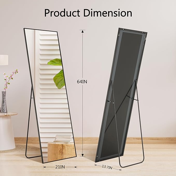 Simple Deluxe 64"×21" Hanging Mirror, Full Length Mirror for Bedroom, Body Floor Mirror with Stand, Aluminum Frame Large Mirror for Cloakroom, Black