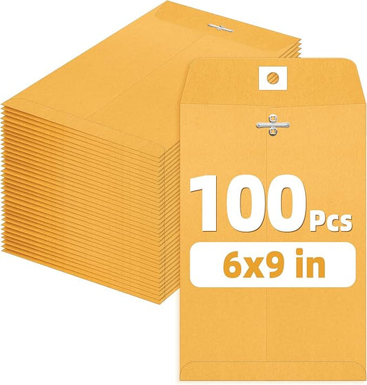SUNEE 6x9 Clasp Envelopes 100 Count - 6x9 Inch Brown Kraft Envelopes with Clasp Closure – for Home, Office, Business, Legal or School, Great for Filing, Storing or Mailing Documents