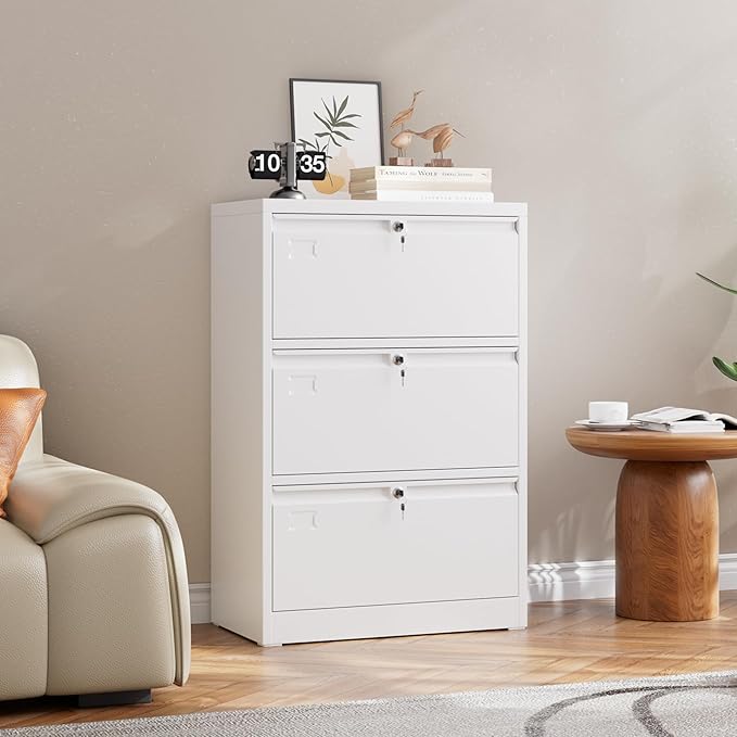 Aobabo 3 Drawer Wide Lateral File Cabinet, Metal Filing Cabinet with Lock, Suitable for Home Office School Hanging Files Letter/Legal/F4/A4 Size,White,Required-Assembly,15.87" D x 28.94" W x 43.62" H